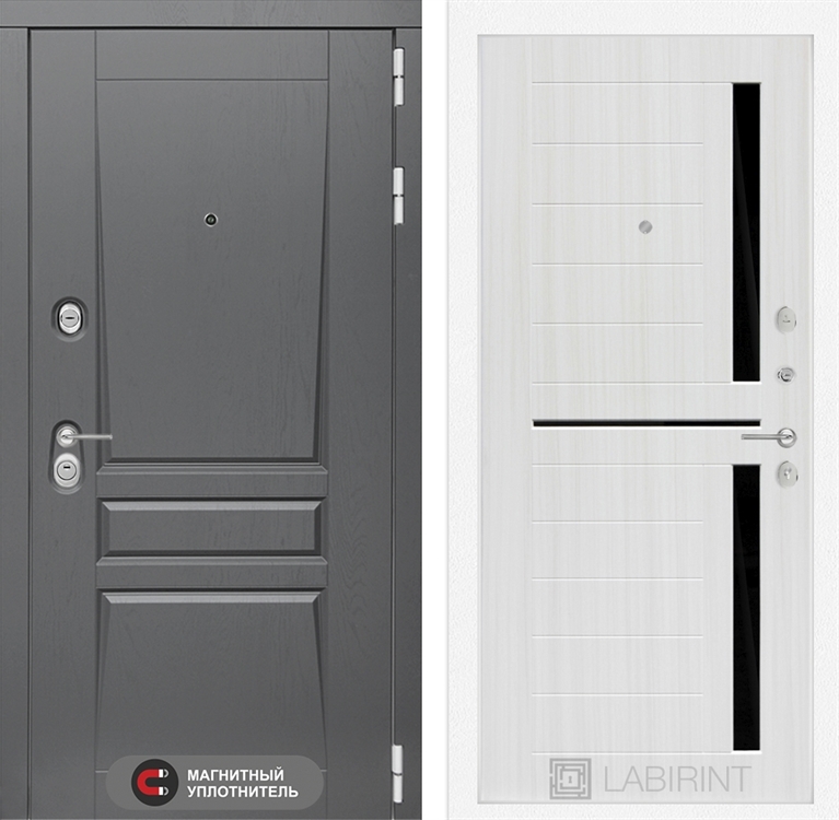 Входные металлические двери Лабиринт Платинум 02 - Сандал белый, стекло черное - фото 25695