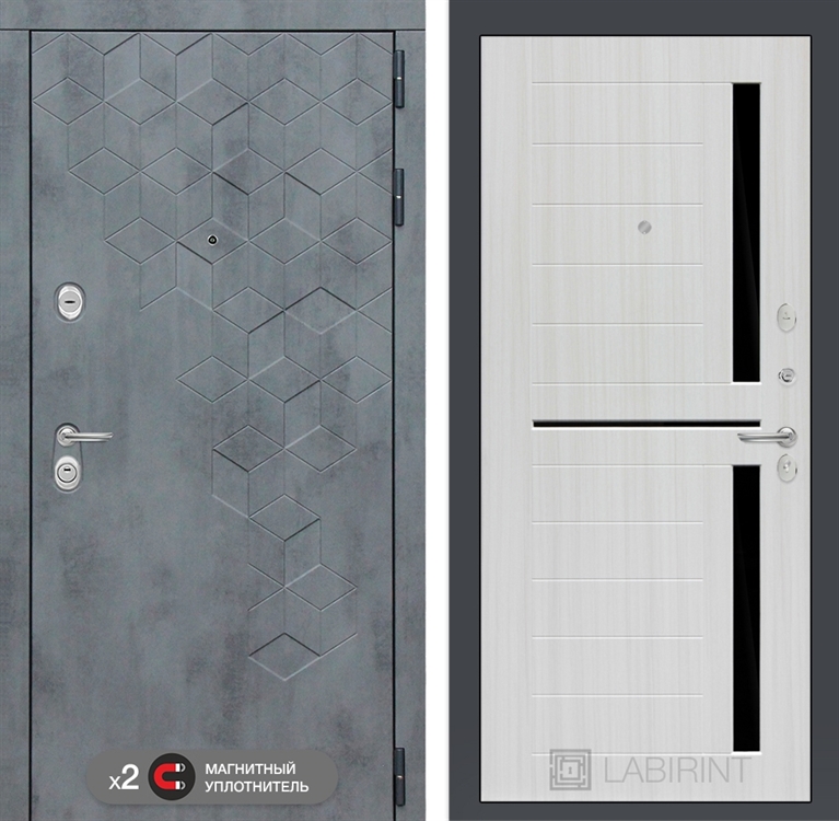 Входная металлическая дверь Лабиринт Бетон 02 - Сандал белый, стекло черное - фото 25783