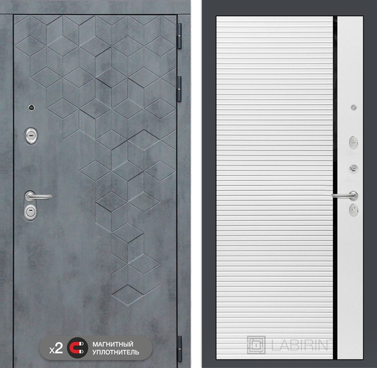 Входная дверь Лабиринт Бетон 22 - Белый софт, черная вставка - фото 26002