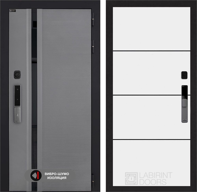 Входная дверь Пиано Смарт 2.0 панель 25 - Белый софт, черный молдинг 55452